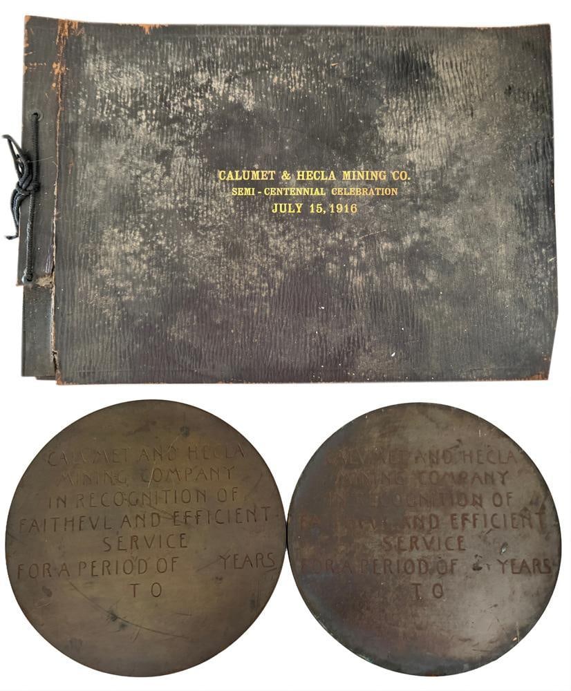 Calumet and Hecla Mining Co. Photo Album, Bronze Plaques: Calumet and Hecla Mining Co. photo album, 1916, with two bronze plaques. Provenance: Estate of the late Joseph W. Haley, of Pride's Crossing, Massachusetts.