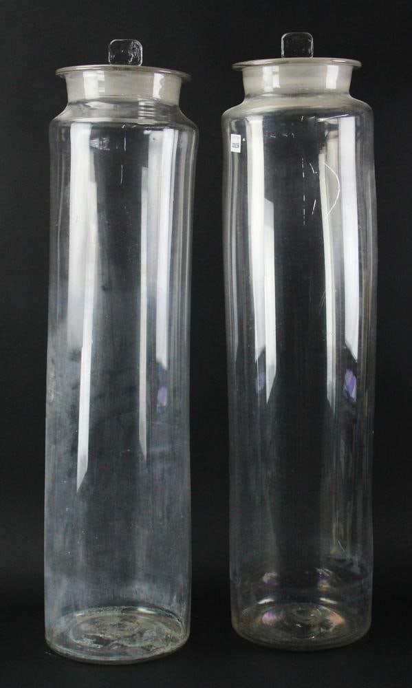 Two Old Apothecary Specimen Jars: Two old apothecary specimen jars, 37" x 9". Provenance: Estate of the late Joseph W. Haley, of Pride's Crossing, Massachusetts.