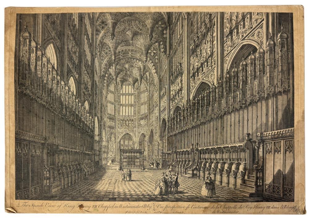 18th/19thC Engraving of Westminster Abbey: 18th/19th century engraving of Westminster Abbey, 11" x 17". Provenance: Estate of the late Joseph W. Haley, of Pride's Crossing, Massachusetts.