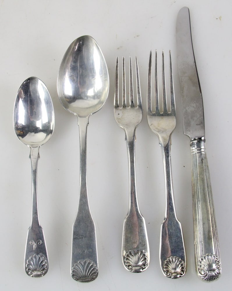19thC English Silver Flatware, Shell and Thread - 6