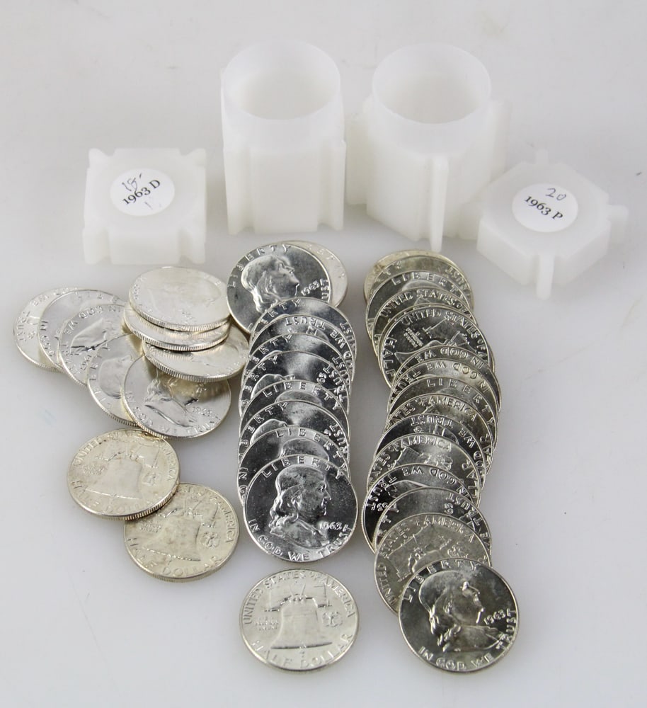 Uncirculated 1963 Ben Franklin Silver Half Dollars: Group of (40) uncirculated 1963 Ben Franklin silver half dollars. Approximately 16.08 troy oz TW. Provenance: Danvers, Massachusetts collection. PLEASE NOTE: payment for silver, gold, jewelry, and