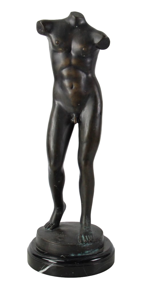Classical Bronze Nude on Black Marble Base: Classical bronze nude on black marble base, 22" x 8". Provenance: Palm Beach, Florida estate.