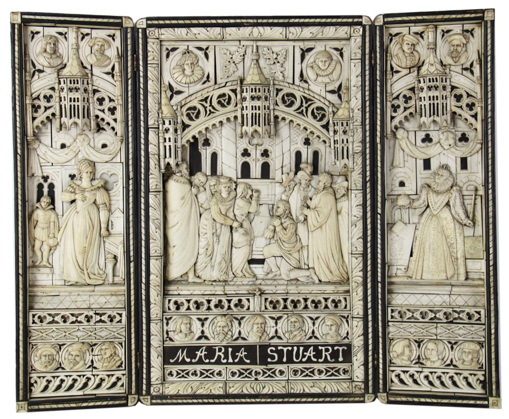 Late 19thC Carved Bone Triptych, Mary Queen of Scots: Late 19th century carved bone neo-Gothic triptych, titled "Maria Stuart" (Mary, Queen of Scots), 24 1/4" x 29 5/8" W (open), 24" x 14 1/2" (closed). Provenance: Delray Beach, Florida collection. PLEAS