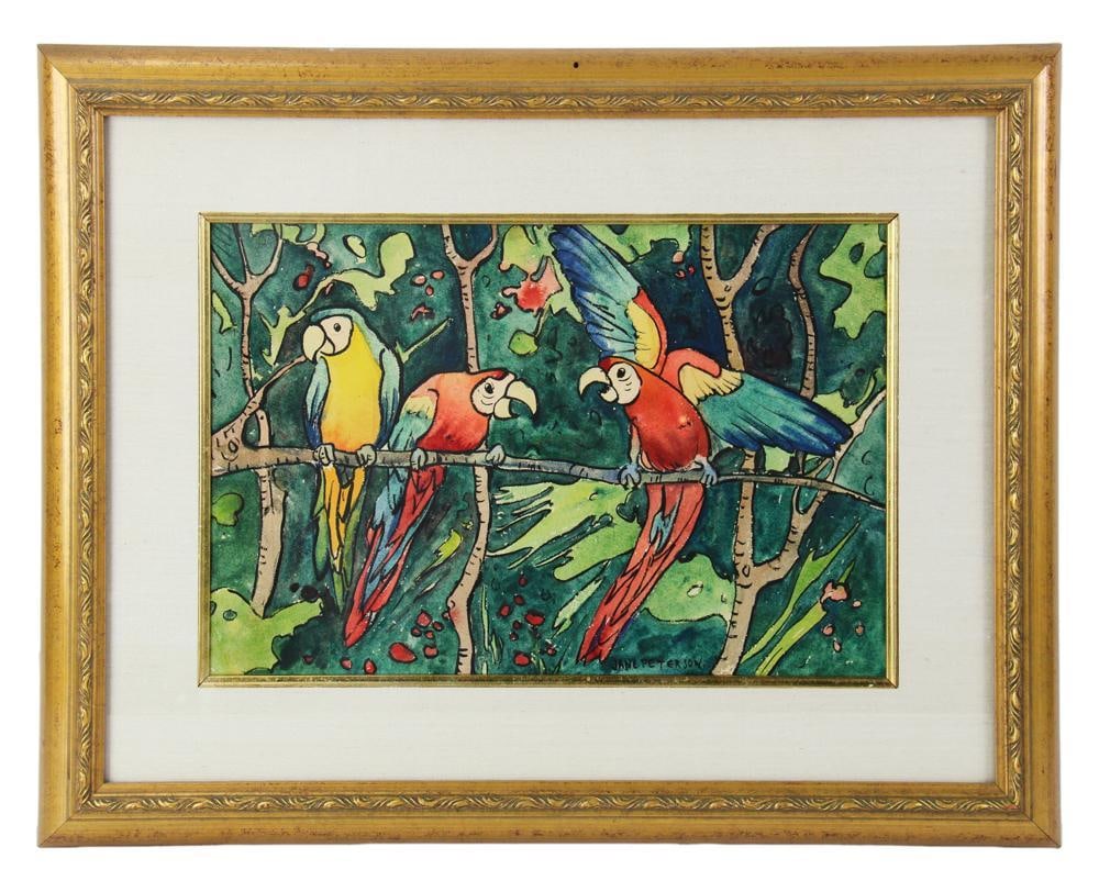 Jane Peterson Signed Painting, Parrots: Jane Peterson, parrots, watercolor, signed L/R, 12" x 17 1/2", framed 20" x 26". Provenance: St. Petersburg, Florida collection. PLEASE NOTE: On KaminskiLIVE, lots valued at over $3,000 are