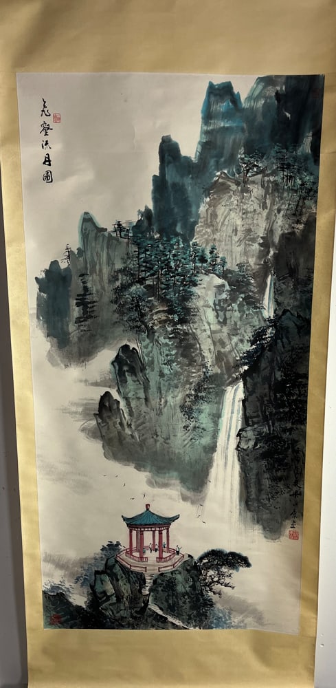 Chinese Scroll, Hand-colored Waterfall - 4