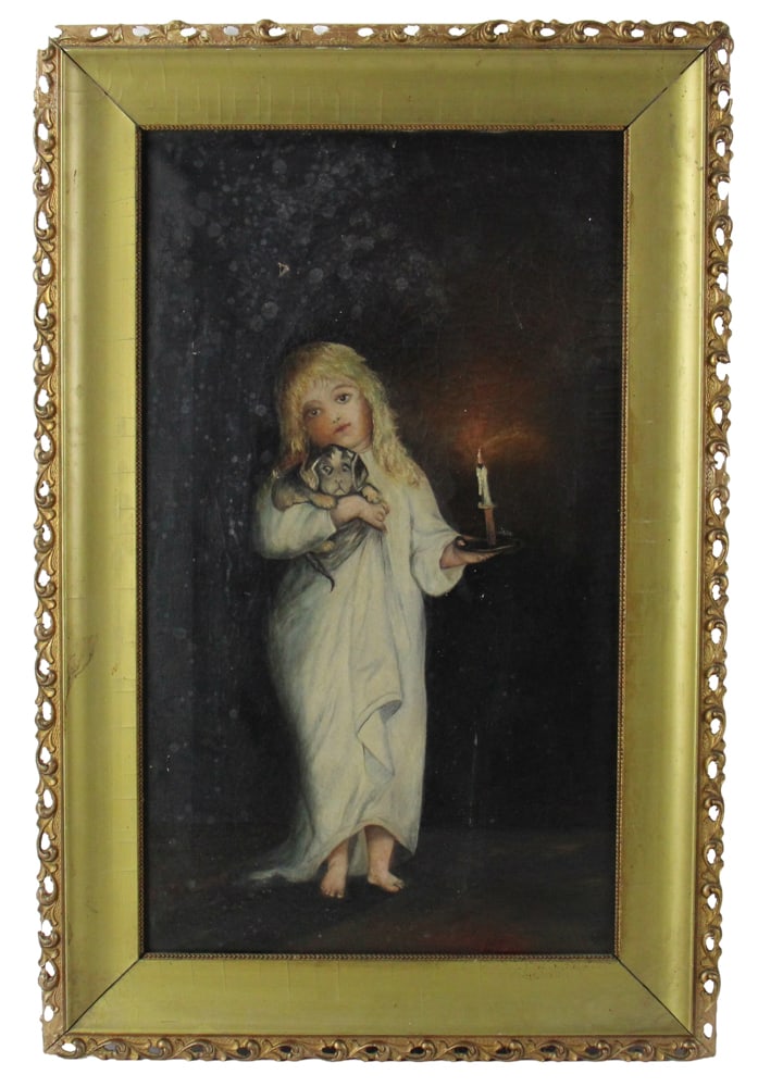 In the Manner of Charles Burton Barber, Young Girl, Oil on Canvas: In the manner of Charles Burton Barber, young girl with dog, oil on canvas, unsigned, 24" x 14", framed 29" x 19". Provenance: Hampton, New Hampshire collection.