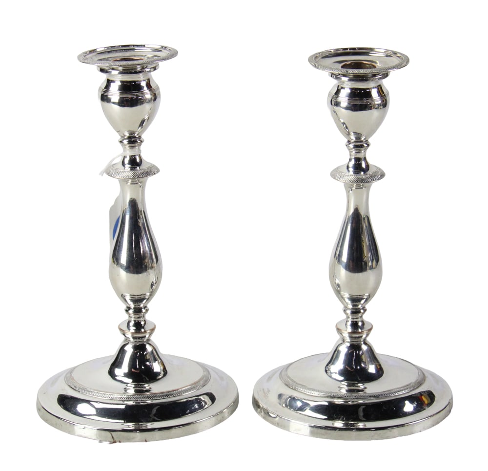 Pair of 19thC English Sterling-on-Copper Candlesticks: Pair of 19th century English sterling-on-copper candlesticks, 10" x 5 1/2". Provenance: Palm Beach, Florida estate.