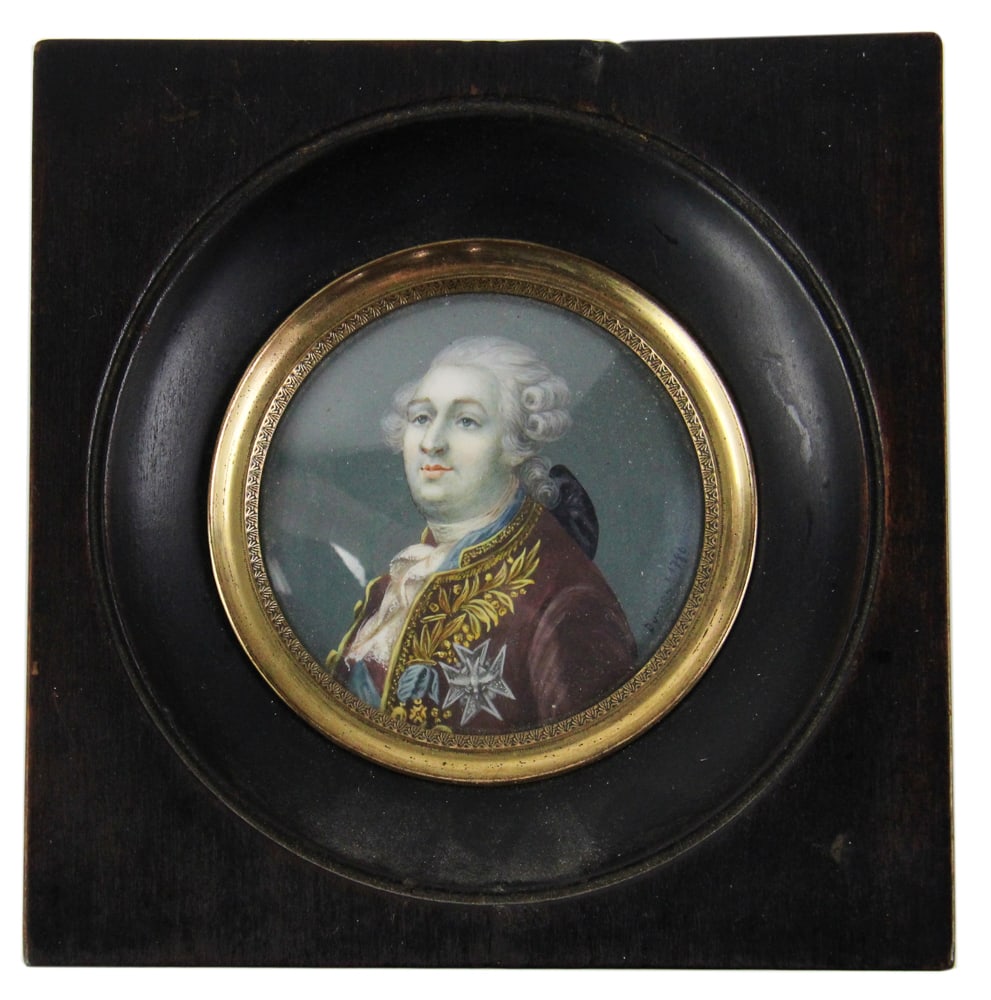 19thC French Partial Miniature of King Louis XVI: 19th century French partial miniature painted on ivory featuring King Louis XVI (1754-1793), the last King of France before the fall of the monarchy during the French Revolution, framed 5" x 5".