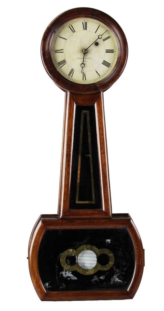 Howard and Davis Banjo Clock, 1840: Howard and Davis banjo clock, 1840, 29 1/2" H. Includes with key and pendulum. Provenance: Burlington, Massachusetts collection.