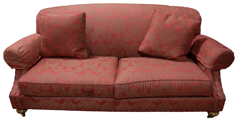 Damask Upholstered Sofa, English Roll Arm: Damask upholstered sofa, English roll arm with two pillows, 33" H x 77" L. Provenance: New York estate.