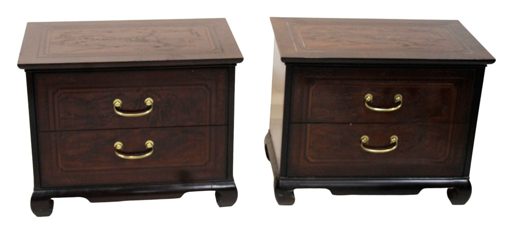 Pair of Chinese-style Two-Drawer Side Tables: Pair of Chinese-style two-drawer side tables, 22" H x 28" W x 17" D. Provenance: New York estate.