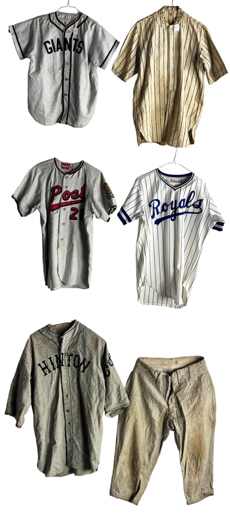 Group of Vintage Baseball Shirts: Group of (5) vintage baseball shirts, one with pants, Wilson, Rawlings, Victor, Dodge and Davis, Spalding, 52, 42, 36, 46. Provenance: Palm Beach, Florida estate.