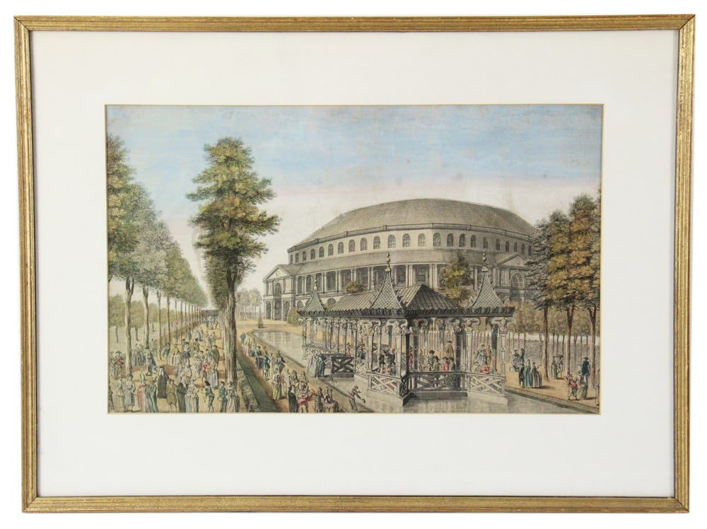 Early 19thC Hand-Colored Architectural Print: Early 19th century hand-colored architectural print, 9 1/2" x 15", framed 15" x 20". Provenance: Palm Beach, Florida estate.