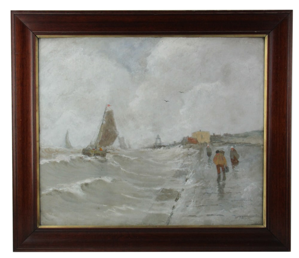 Henri Stacquet, Stormy Coastal Landscape, Watercolor: Henri Stacquet (Belgian, 1838-1906), stormy coastal landscape, watercolor on paper, signed "H. Stacquet" L/R, 24" x 28", framed 30" x 35". Provenance: Beverly, Massachusetts collection.