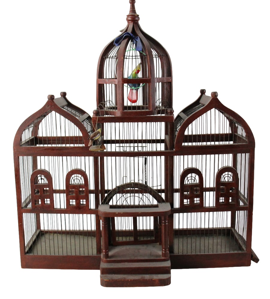 Antique Victorian-style Bird Cabe: Antique Victorian-style bird cage, 30" x 9" x 27". Provenance: Palm Beach, Florida estate.