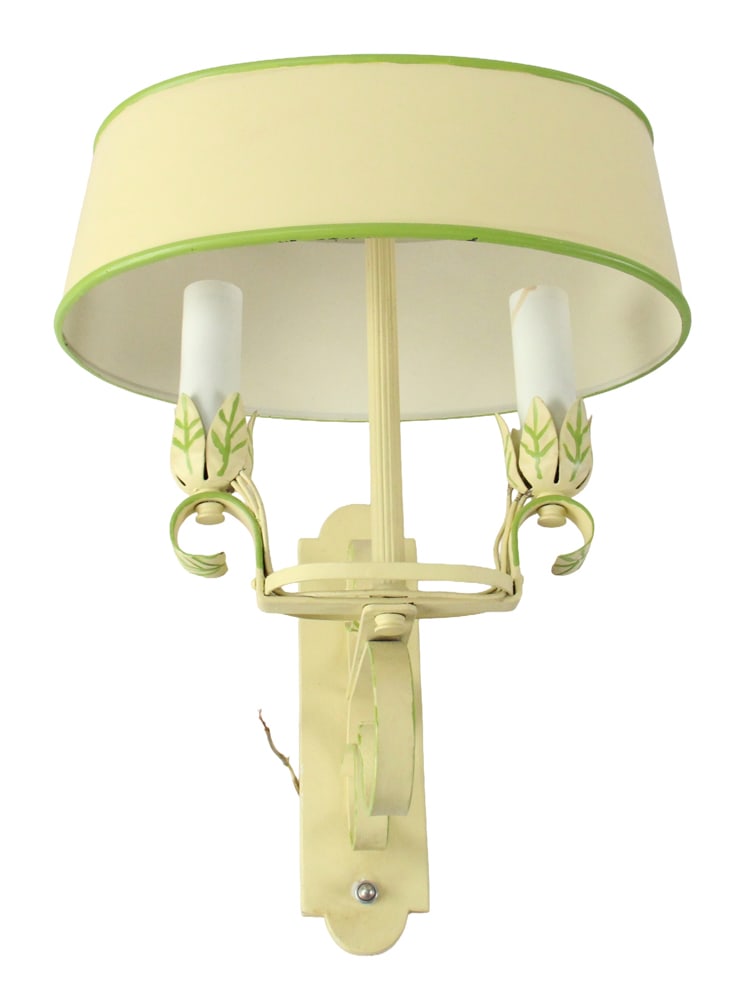 Vintage 1960s Painted Wrought Iron Wall Lamp: Vintage 1960s painted wrought iron wall lamp with shade, 16" x 8 1/2" x 15". Provenance: Saugerties, New York collection.