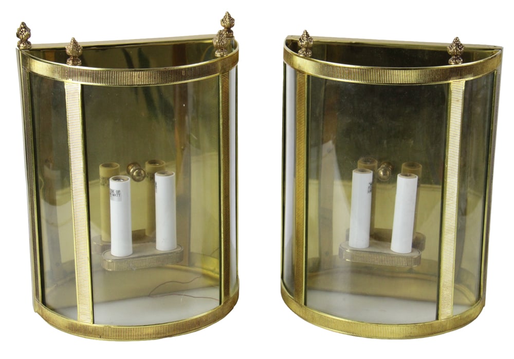 Pair of English Regency-style Brass Wall Sconces: Pair of English Regency-style brass wall sconces, 15" H x 10 1/2" W x 6" D. Provenance: Essex, Massachusetts collection.