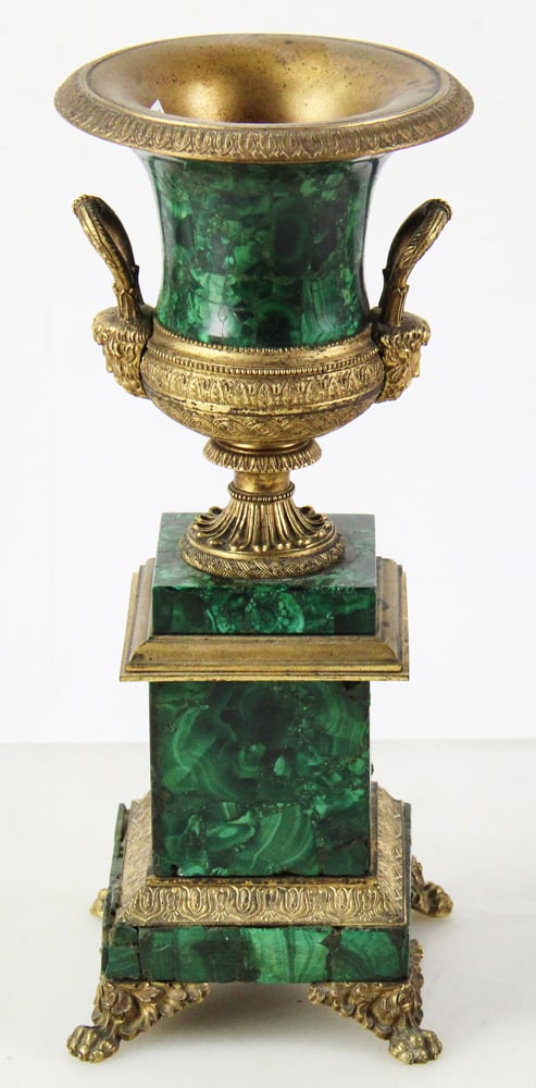 19thC Malachite and Ormolu Urn: 19th century malachite and ormolu urn, 11 1/4" overall. Chips and losses. Provenance: Estate of Thomas Nicholson of Palm Beach, Florida and Stratham, New Hampshire.