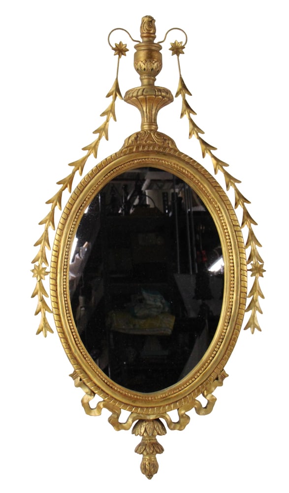 20thC English Adam-style Oval Gilt Mirror: 20th century English Adam-style oval gilt mirror, 40" x 20". Provenance: Saugerties, New York collection.