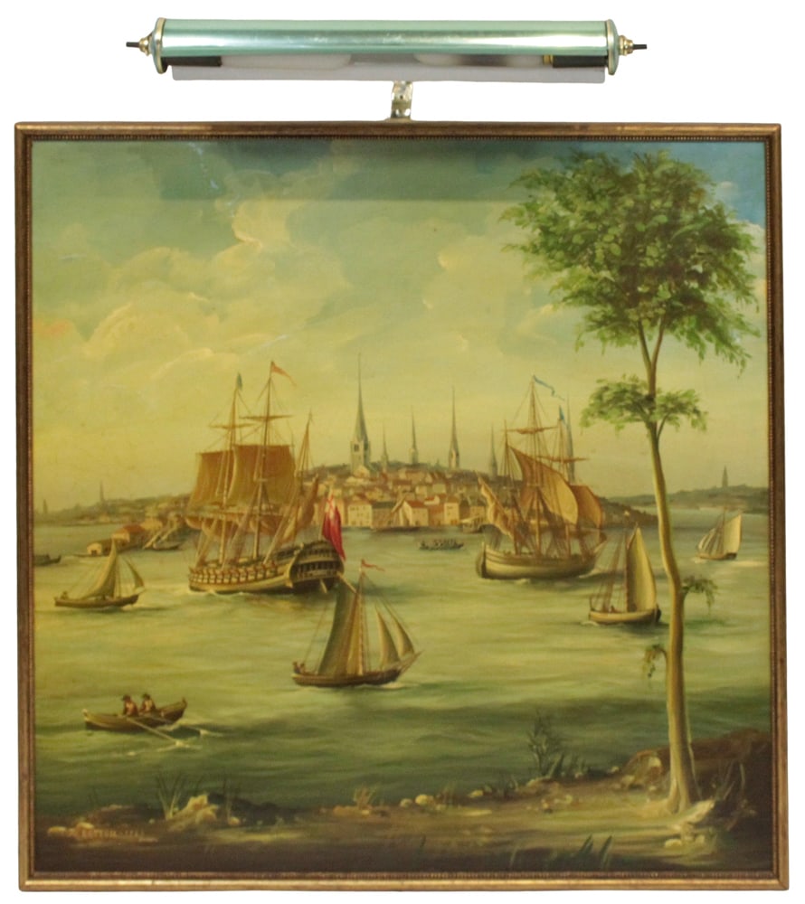 Harbor Scene with Sailboats and Ships, Oil on Board: Harbor scene with sailboats and ships, oil on board, 25" x 26". Provenance: Beverly, Massachusetts collection.
