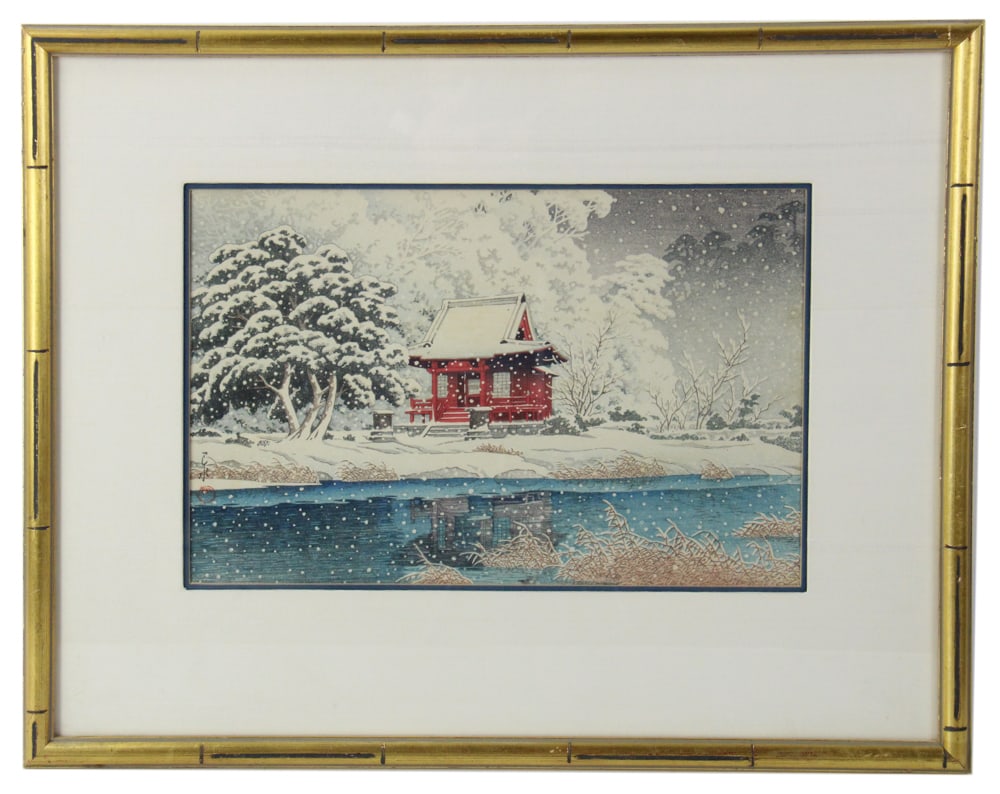 Kawase Hasui, Inokashira Benten Shrine, Woodblock Print: Kawase Hasui (Japanese, 1883-1957), "The Inokashira Benten Shrine in Snow (Shato no yuki)", woodblock print, signed on left side with "sui" seal, dated 1929, 9" x 14", framed 17" x 22". Provenance: