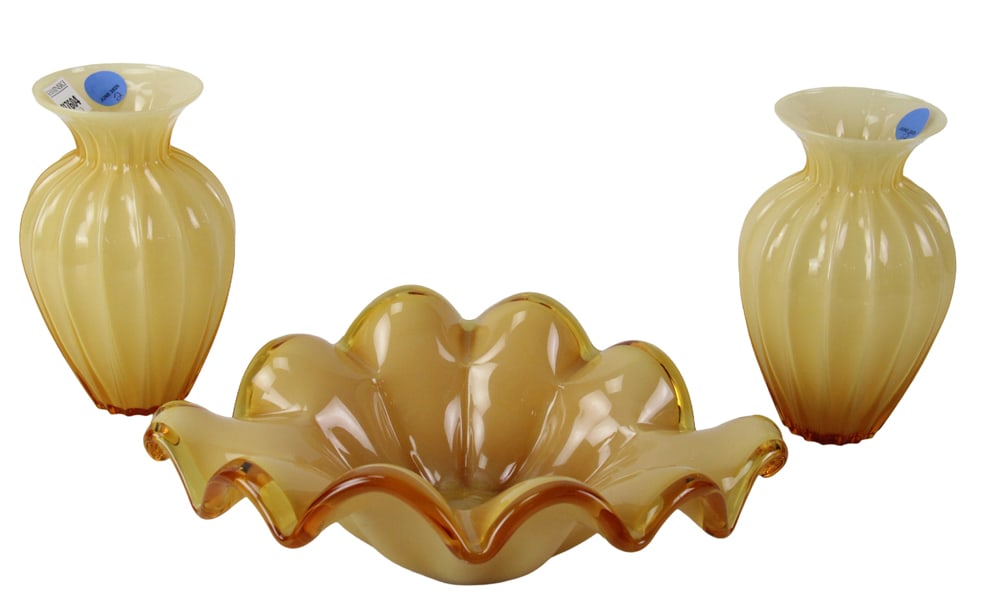 Pair of Yellow Murano Glass Vases and Bowl: Pair of yellow Murano glass vases, 8 1/2" H, with matching bowl, 4" x 15" x 10". Provenance: New York estate.