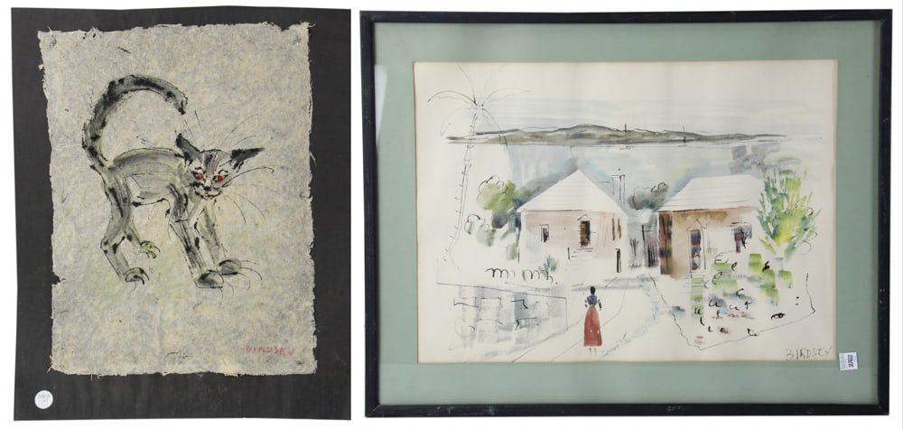 Two Artworks by Birdsey, Ink Wash and Watercolor: Two artworks by Birdsey, to include: ink wash of cat on handmade rice paper, 20" x 15" (sight); houses on water, watercolor, 17 1/2" x 25" (sight). Provenance: New York estate.