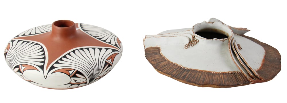 Two Contemporary Southwestern Pottery Vases: Two contemporary pottery vases, to include: Southwestern decorated low vase, "Pecos - Sun Rhodes Jemez"; stoneware modern Southwest artist made low vase. Provenance: New York estate.