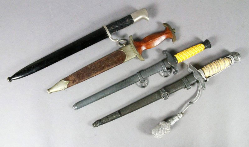 3 Nazi Daggers and German Bayonette: Lot of three Nazi daggers and one German bayonette, 16 1/2"l. Provenance: The items here were collected by Peter Denisevich during his two year stint as a post war assistant military attache in Moscow