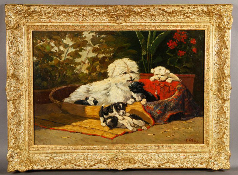 Peters, Dog and Puppies, O/P: Paul Peters, dog and puppies, oil on panel. Signed, 16"h x 23"w (view), 22 1/2"h x 30"w (frame).