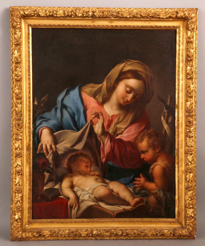 Circle of Trevisani, Madonna with Child & St. John: Francesco de Mura or Circle of Trevisani (1656-1746), Madonna with child and St. John the Baptist, oil on canvas, 29"h x 38"w (view). Provenance: Purchased from Christie's, New York Oct 5 1995; sold a