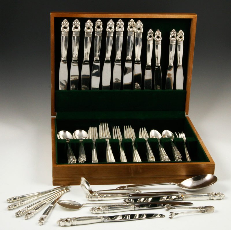 Butler National Sterling Flatware: Butler National sterling flatware, approximately 116.3 troy oz. Provenance: The items here were collected by Peter Denisevich during his two year stint as a post war assistant military attache in Mosc