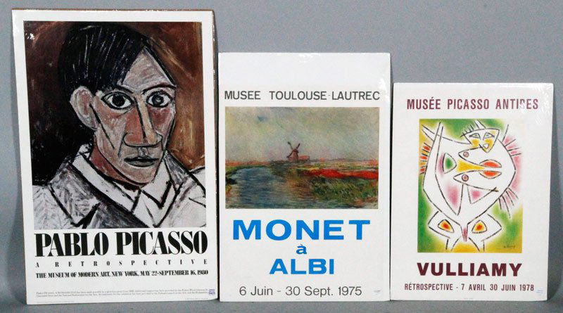 Three Exhibition Posters: Lot of three exhibition posters, to include: "Monet A Albi," Musee Toulouse Lautrec, 6 Juin-30 Sept. 1975, 28" x 21"; "Vulliamy," Musee Picasso Antibles, Retrospecitive 7 Avril-30 Juin 1978, 27 1/2" x