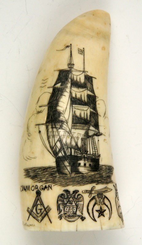 Masonic Scrimshaw Whales Tooth: Masonic scrimshaw whales tooth with schooner and Masonic and Templar symbols, signed "C. W. Morgan", 4 1/2"h.