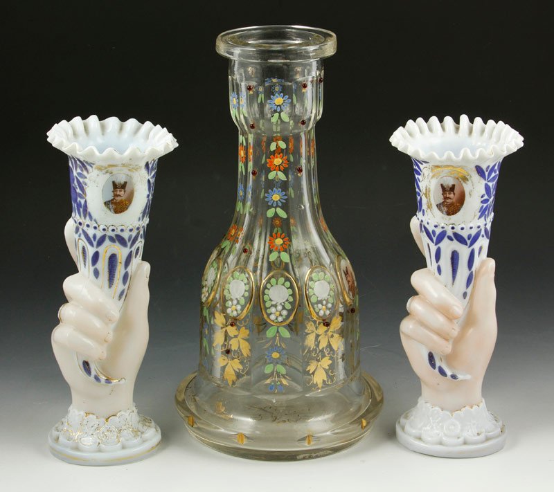 19th C. Bohemian Glass Decanter: 19th century, Bohemian decanter and pair of vases, glass (decanter), opaline (vases), 11" (decanter), 9" (vases). Decanter missing beads. Provenance: From a West Coast Collection.