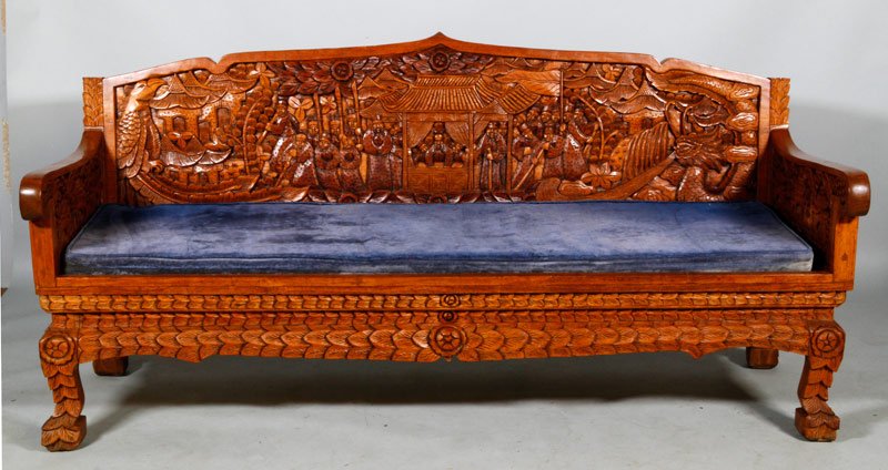 Vietnamese Carved Couch: Vietnamese elaborately carved couch, 34"h x 70"w x 24"d.