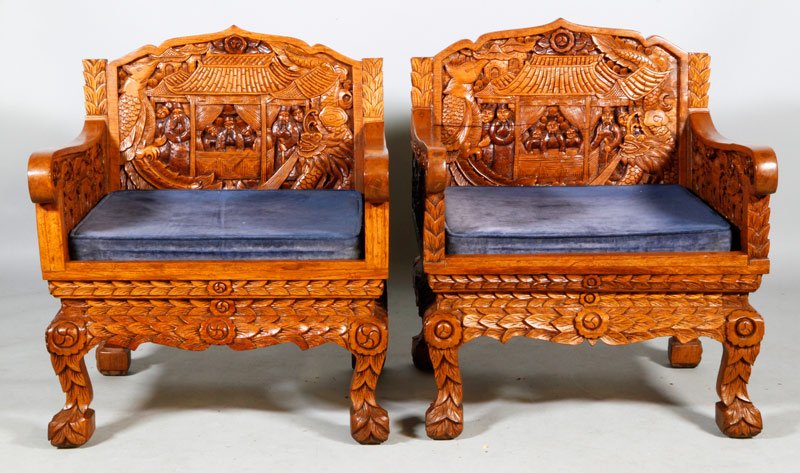 Pair Vietnamese Carved Armchairs: Pair of Vietnamese carved armchairs, 32 3/4"h x 28"w x 24"d.