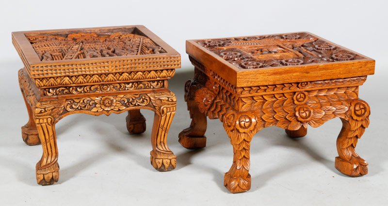 Pair Vietnamese Carved End Tables: Pair of Vietnamese carved end tables, 16 1/2"h x 19 3/4"w x 20"d.