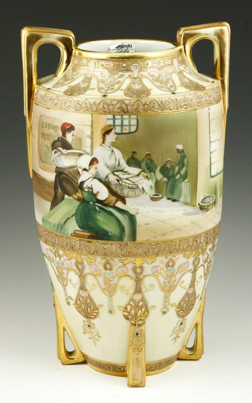 Japanese Nippon Vase: Japanese hand-painted Nippon vase, mark on base, 12 1/2"h.