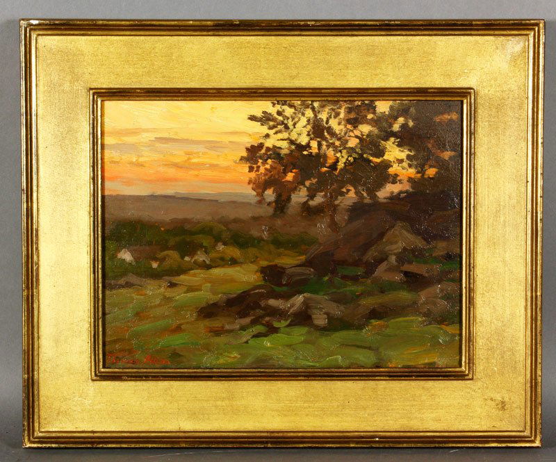 Allen, "Sunset Landscape": Thomas Allen, "Sunset Landscape", double sided, signed, 10" x 13" (view), 15" x 18" (frame).