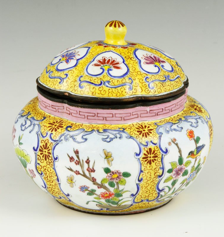 Chinese Enameled Jar: Enamel on copper jar, China, Qianlong mark on base, 4 1/2" x 4 1/2".