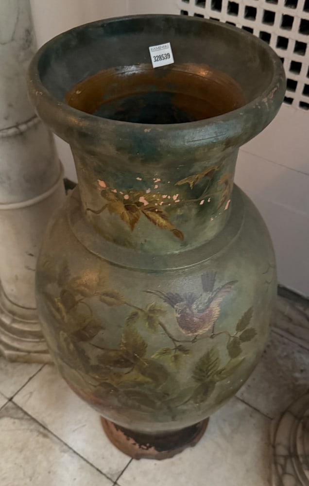 19thC Terra Cotta Polychromed Urn: 19th century terra cotta polychromed urn, 31" x 13". Bottom As Is. NOTE: Item to be picked up at 64 East 80th St., New York, NY. Deadline for pick-up is July 31st. Please call our front desk at 978-92