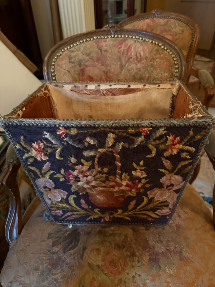 Antique Needlework Waste Basket: Antique needlework waste basket, 13" x 14" x 9". NOTE: Item to be picked up at 64 East 80th St., New York, NY. Deadline for pick-up is July 31st. Please call our front desk at 978-927-2223 to schedule