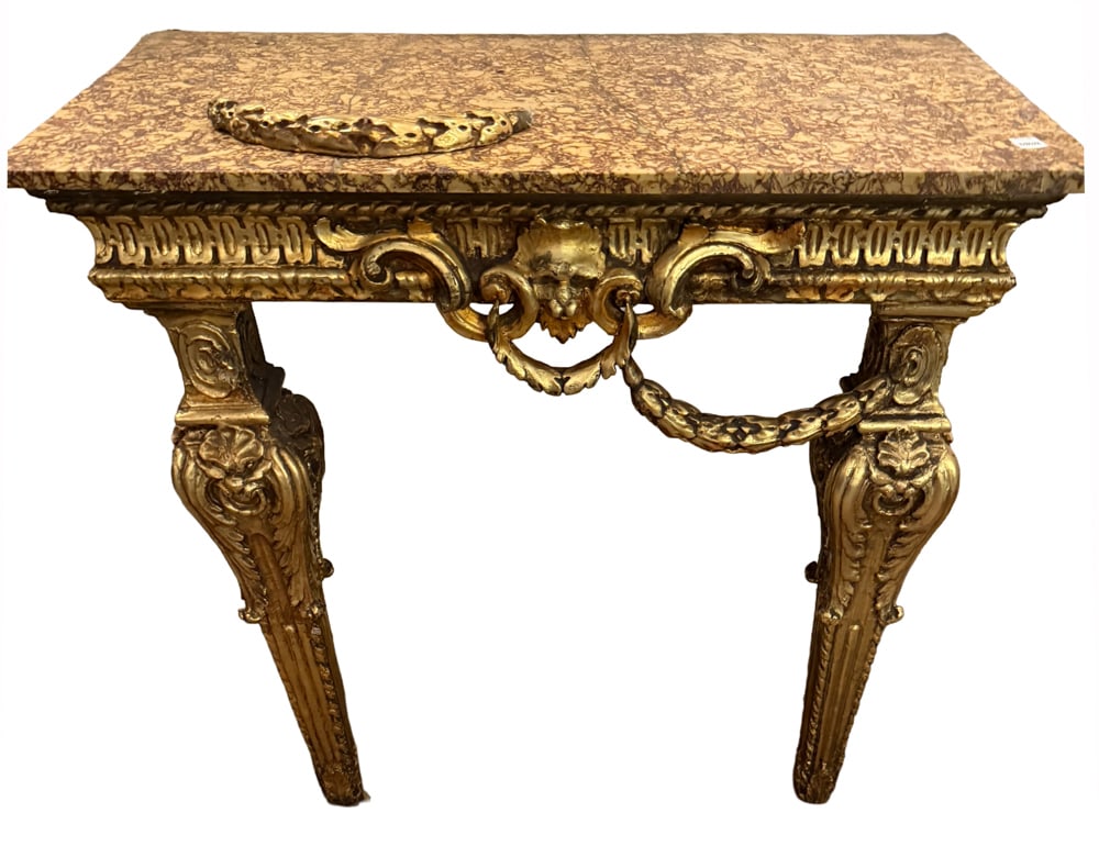 19thC French Giltwood Marble-Top Pier Table: 19th century French giltwood pier table with marble top, 33" x 36" x 18". NOTE: Item to be picked up at 64 East 80th St., New York, NY. Deadline for pick-up is July 31st. Please call our front desk at