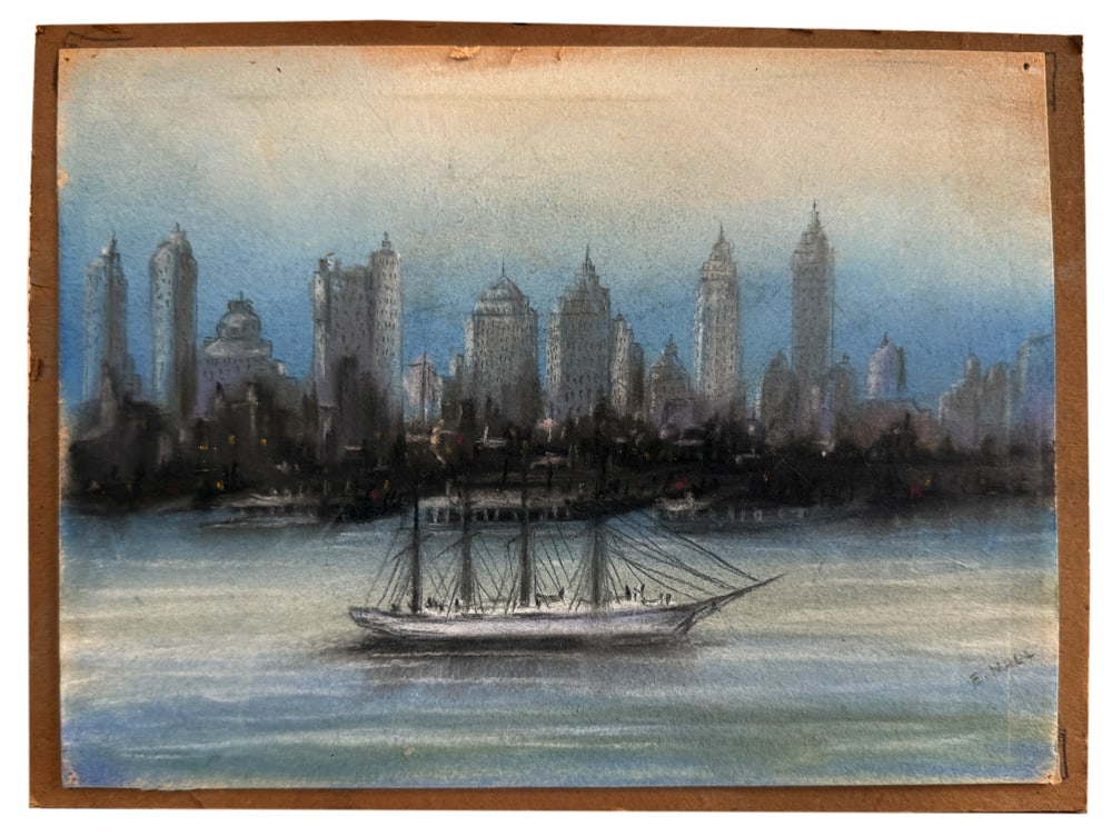 E. Hall, View of Manhattan, Pastel: E. Hall, view of Manhattan, pastel, 7" x 9". NOTE: Item to be picked up at 64 East 80th St., New York, NY. Deadline for pick-up is July 31st. Please call our front desk at 978-927-2223 to schedule pic