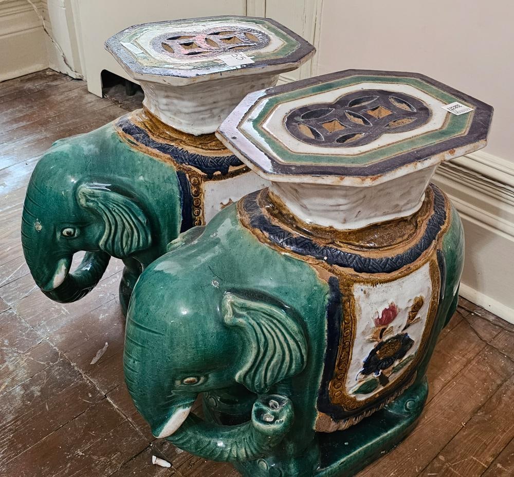 Pair of Chinese Pottery Elephant Garden Seats: Pair of Chinese glazed pottery elephant garden seats, 20" x 19" x 10". NOTE: Item to be picked up at 62 East 80th St., New York, NY. Deadline for pick-up is July 31st. Please call our front desk at