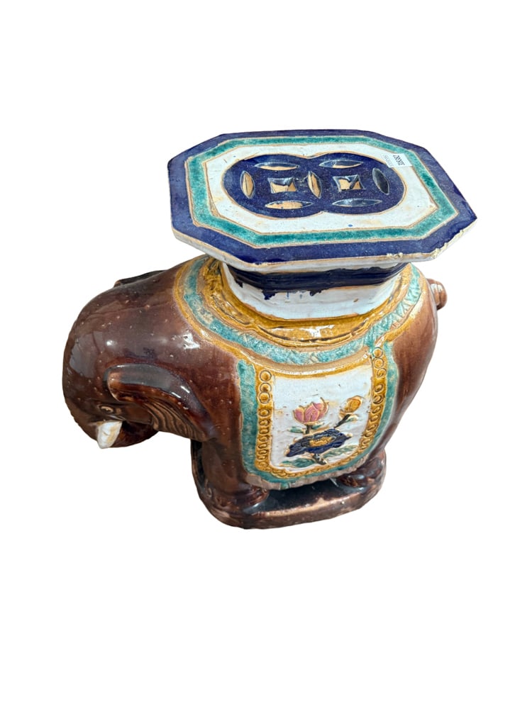 Chinese Glazed Pottery Elephant Garden Seat: Chinese glazed pottery elephant garden seat, 20" x 18" x 10". NOTE: Item to be picked up at 64 East 80th St., New York, NY. Deadline for pick-up is July 31st. Please call our front desk at 978-927-222