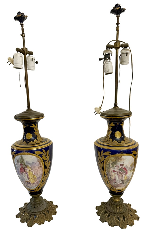 Pair of 19thC Napoleon III Porcelain Vase Lamps: Pair of 19th century Napoleon III porcelain lamps, vases 17", overall 41" x 8". NOTE: Item to be picked up at 64 East 80th St., New York, NY. Deadline for pick-up is July 31st. Please call our front
