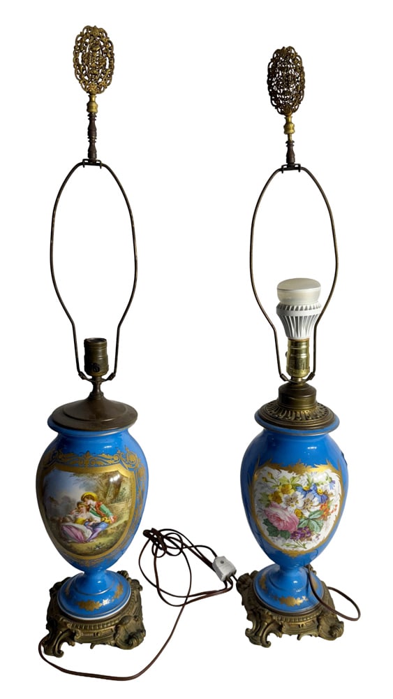Pair of 19thC Paris Porcelain Handpainted Lamps: Pair of 19th century Paris porcelain handpainted lamps, vases 15", overall 34" x 6". NOTE: Item to be picked up at 64 East 80th St., New York, NY. Deadline for pick-up is July 31st. Please call our