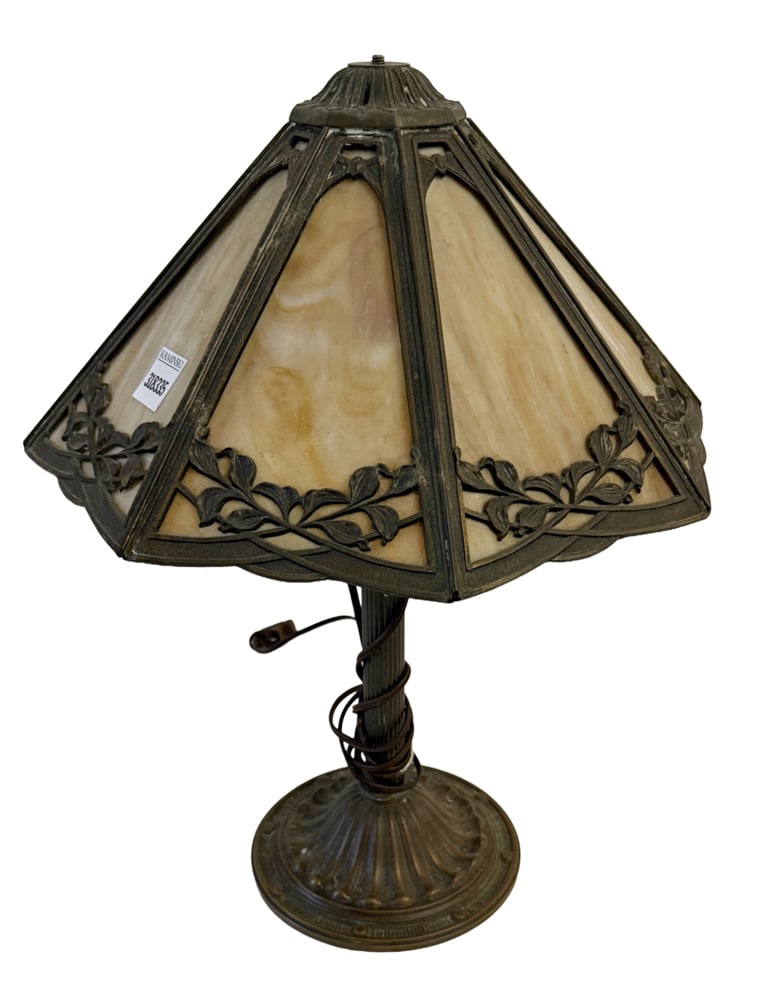 Antique Slag Glass Table Lamp: Antique slag glass table lamp, 19" x 14". NOTE: Item to be picked up at 64 East 80th St., New York, NY. Deadline for pick-up is July 31st. Please call our front desk at 978-927-2223 to schedule